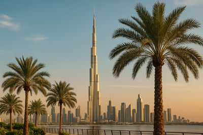 Skyline of Dubai with the Burj Khalifa and palm trees Skyline of Dubai with the Burj Khalifa and palm trees
