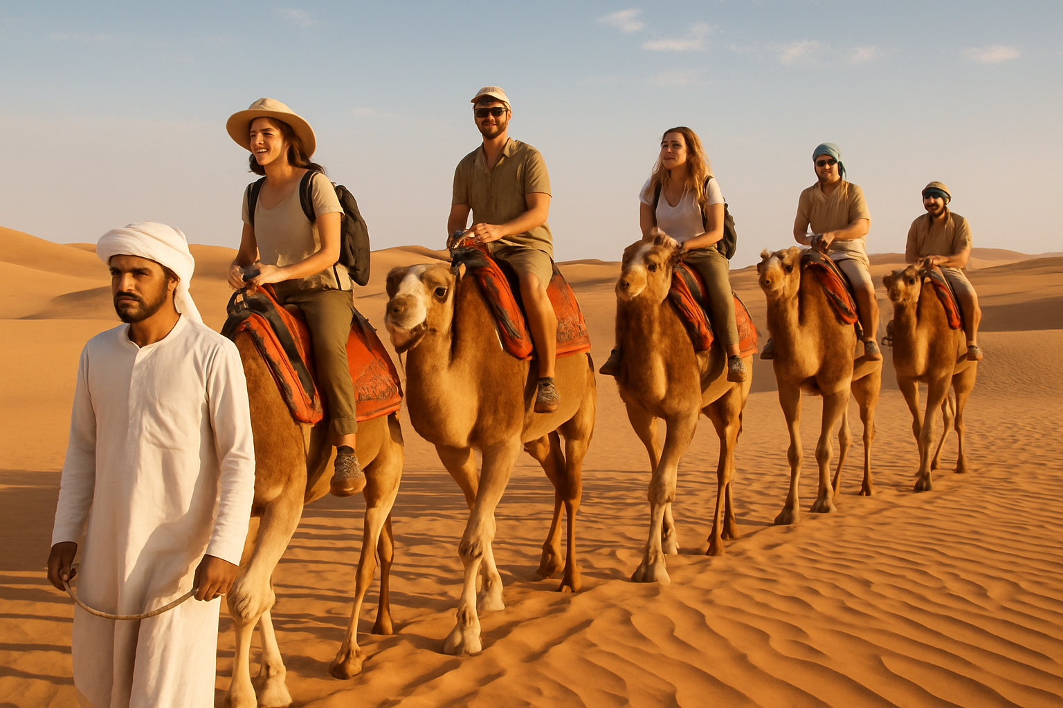 Desert safari adventure with tourists and camels
